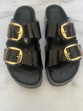 Birkenstock Black Big Buckle Patent Arizona Sandals with Gold Buckles